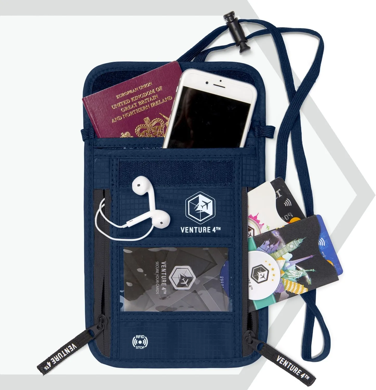 VENTURE 4TH Passport Holder Neck Pouch With RFID Blocking  Hidden Neck Wallet (Navy Blue)