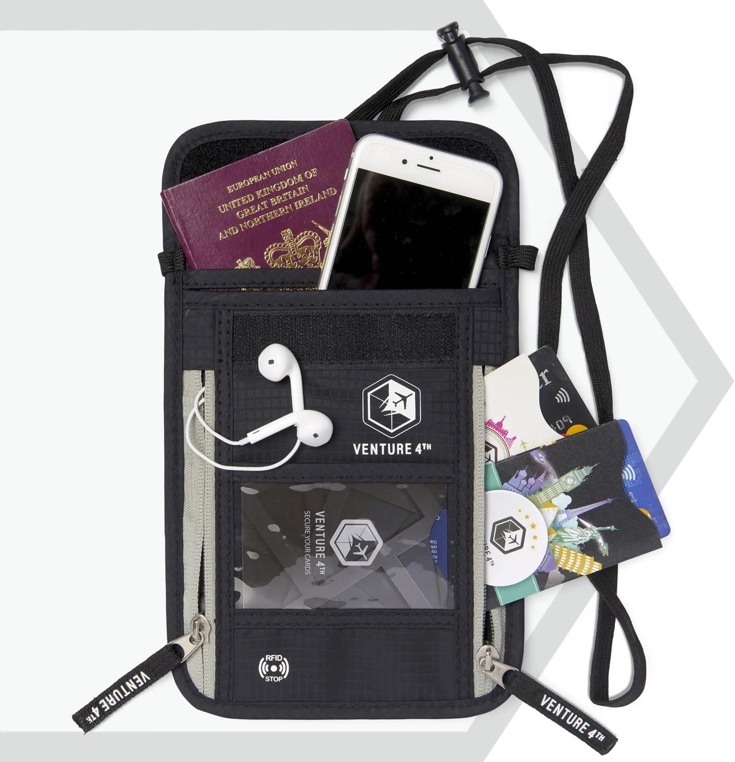 VENTURE 4TH Passport Holder Neck Wallet with RFID Blocking Nylon Lining - Hidden Neck Pouch for Travel (Black)