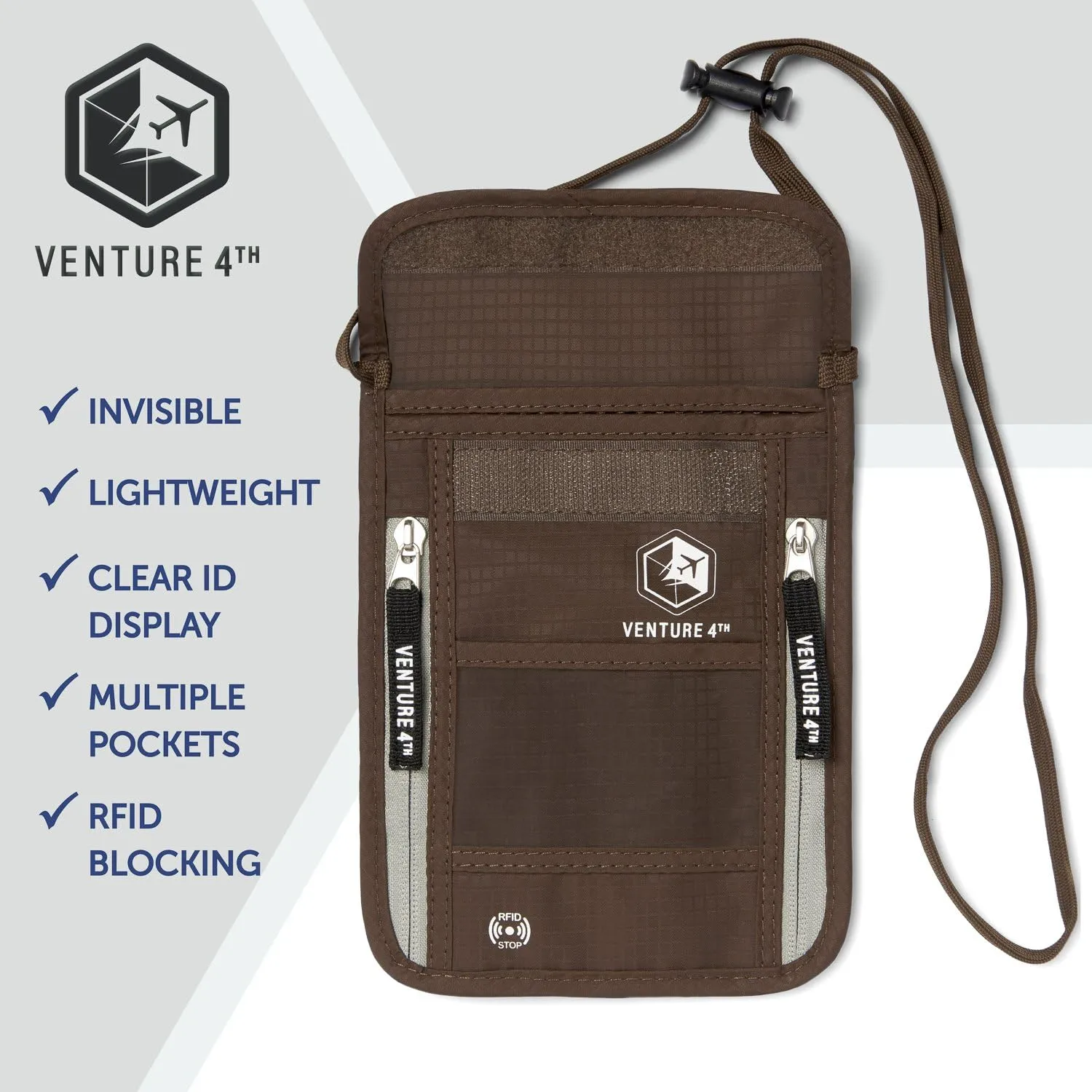 VENTURE 4TH Passport Holder Neck Wallet with RFID Blocking Nylon Lining - Hidden Neck Pouch for Travel (Brown)