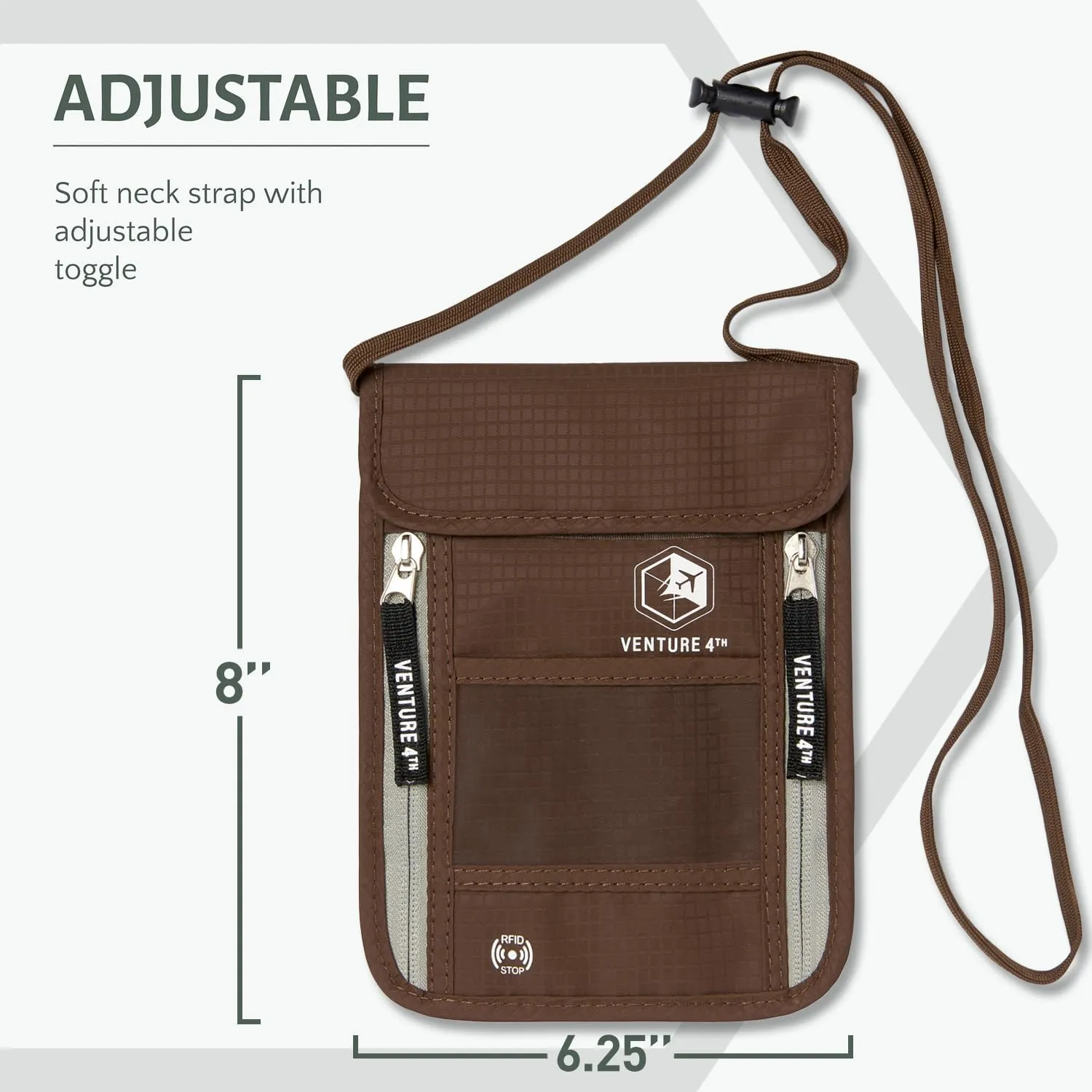 VENTURE 4TH Passport Holder Neck Wallet with RFID Blocking Nylon Lining - Hidden Neck Pouch for Travel (Brown)