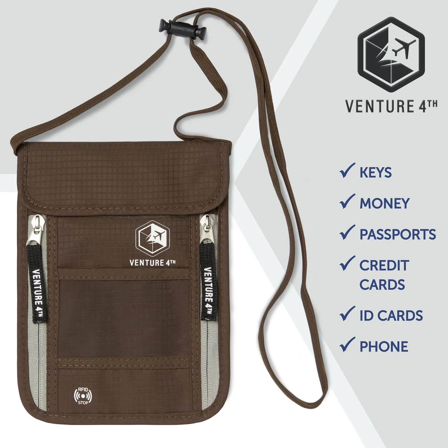 VENTURE 4TH Passport Holder Neck Wallet with RFID Blocking Nylon Lining - Hidden Neck Pouch for Travel (Brown)