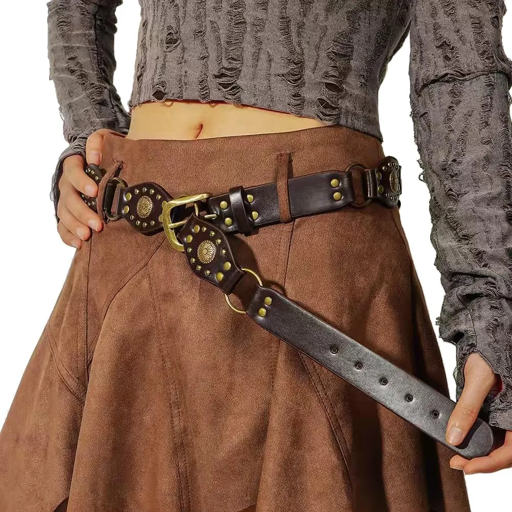 Western Belts for Women Cowgirls Leather Chain Belt Disc Belts Wide Gold Concho Country Belt for Jeans Dresses