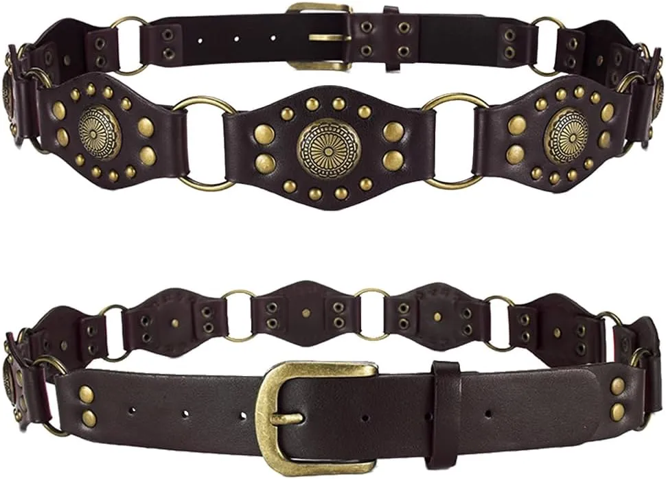 Western Belts for Women Cowgirls Leather Chain Belt Disc Belts Wide Gold Concho Country Belt for Jeans Dresses