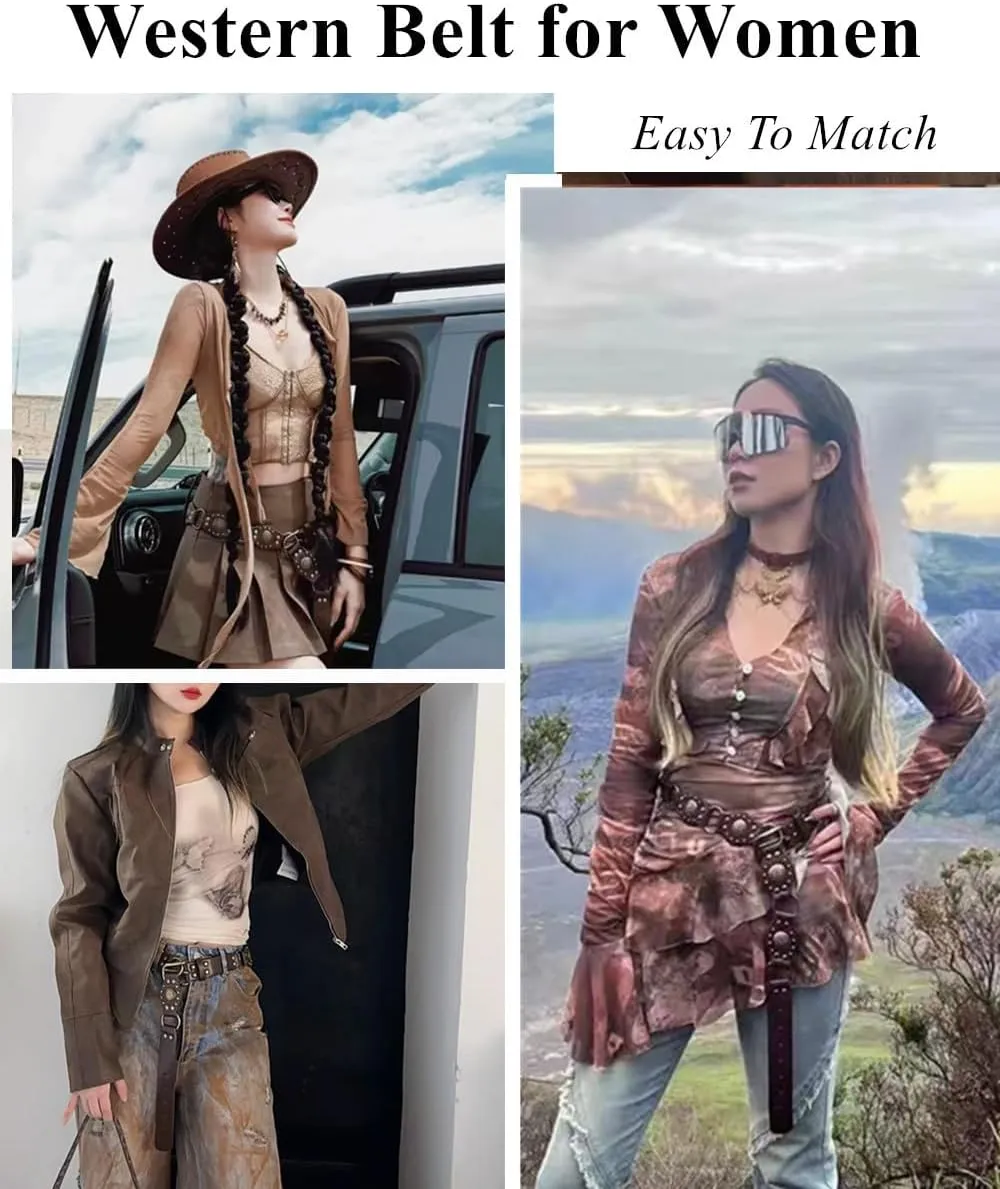 Western Belts for Women Cowgirls Leather Chain Belt Disc Belts Wide Gold Concho Country Belt for Jeans Dresses