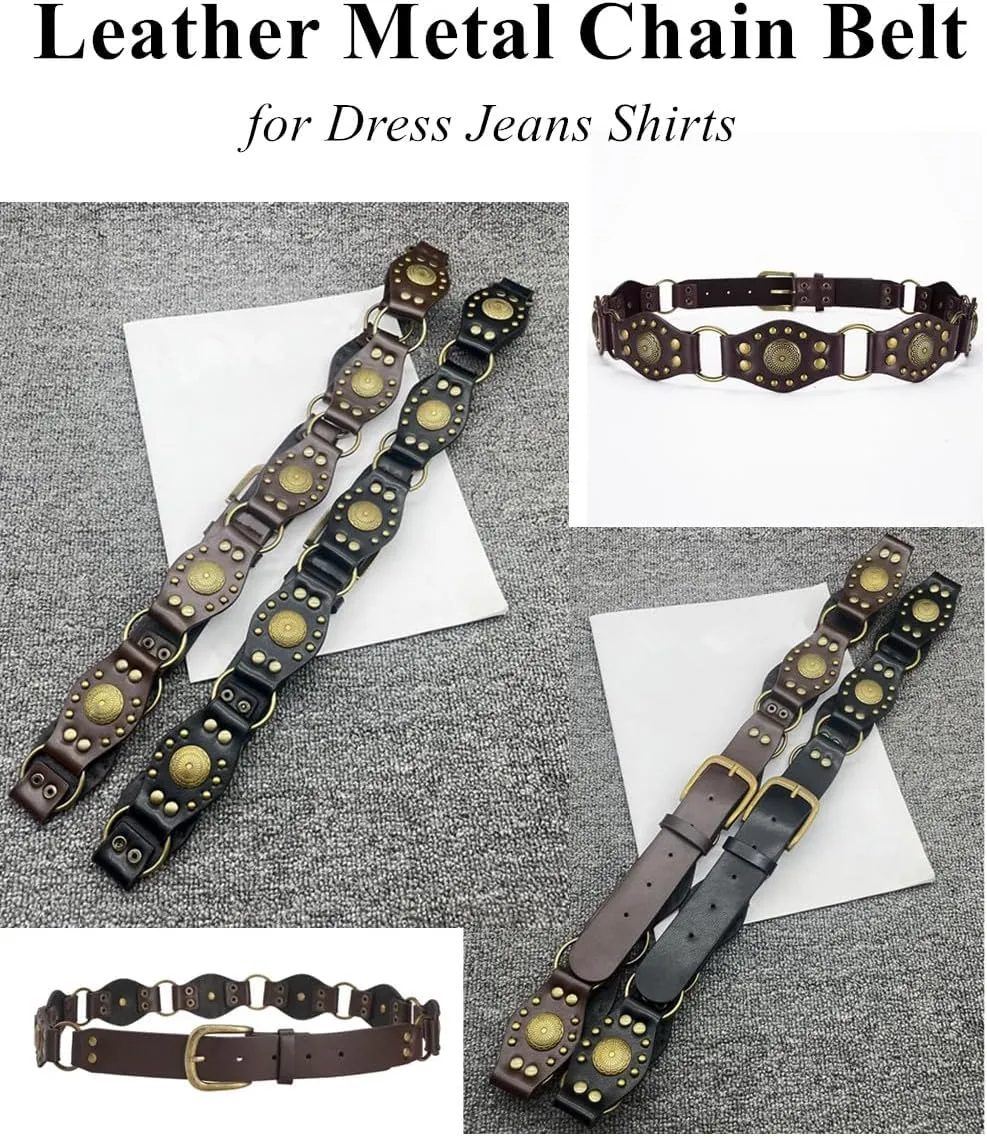 Western Belts for Women Cowgirls Leather Chain Belt Disc Belts Wide Gold Concho Country Belt for Jeans Dresses
