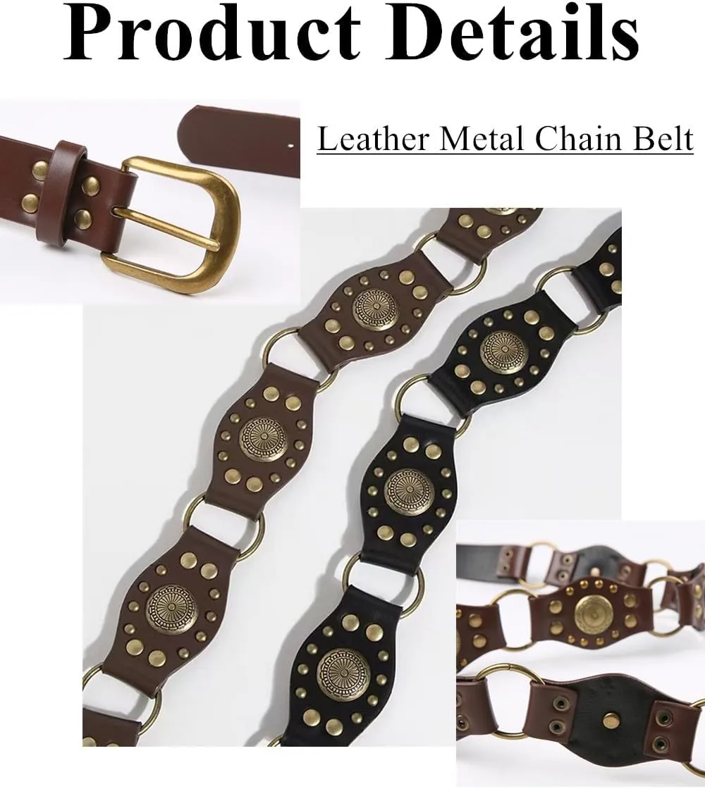 Western Belts for Women Cowgirls Leather Chain Belt Disc Belts Wide Gold Concho Country Belt for Jeans Dresses