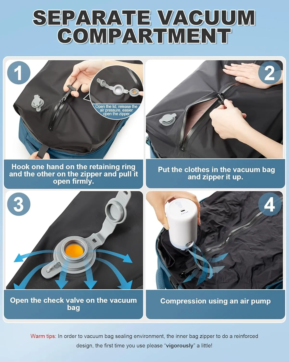 winspansy Large Travel Backpack Storage Vacuum Compression Bags with Pump for Travel Storage Carry on Business Day Vacpack Backpack for Women Men with Vacuum College Bag Blue