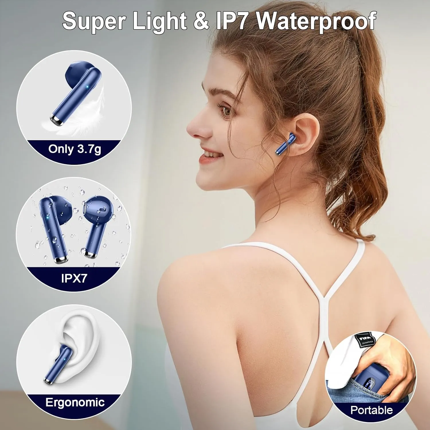 Wireless Earbuds, Bluetooth Headphones 5.4 with ENC Noise Cancelling Mics, 30H Bluetooth Ear Buds 3D Bass with LED Display Charging Case, IP7 Waterproof Wireless Earphones for Android, iOS, Dark Blue