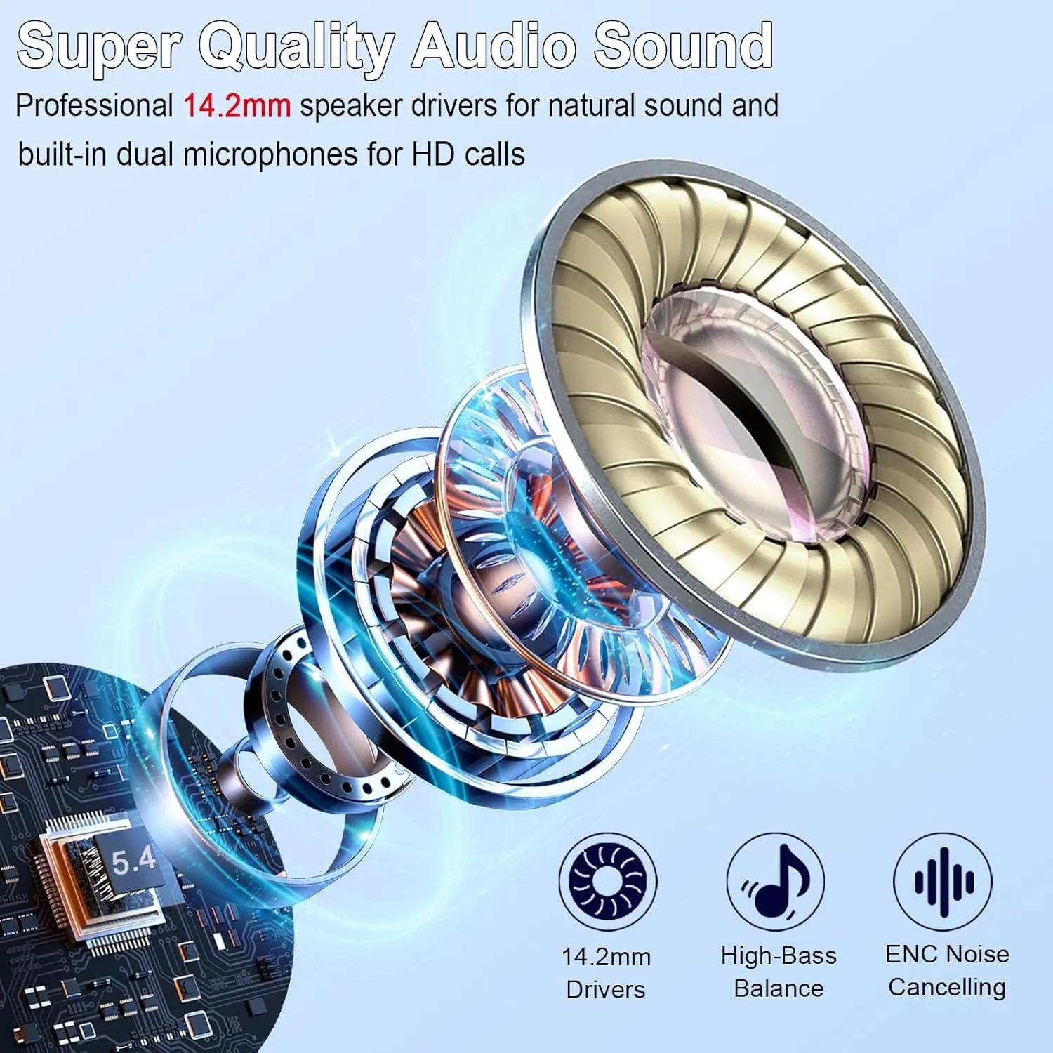 Wireless Earbuds, Bluetooth Headphones 5.4 with ENC Noise Cancelling Mics, 30H Bluetooth Ear Buds 3D Bass with LED Display Charging Case, IP7 Waterproof Wireless Earphones for Android, iOS, Dark Blue