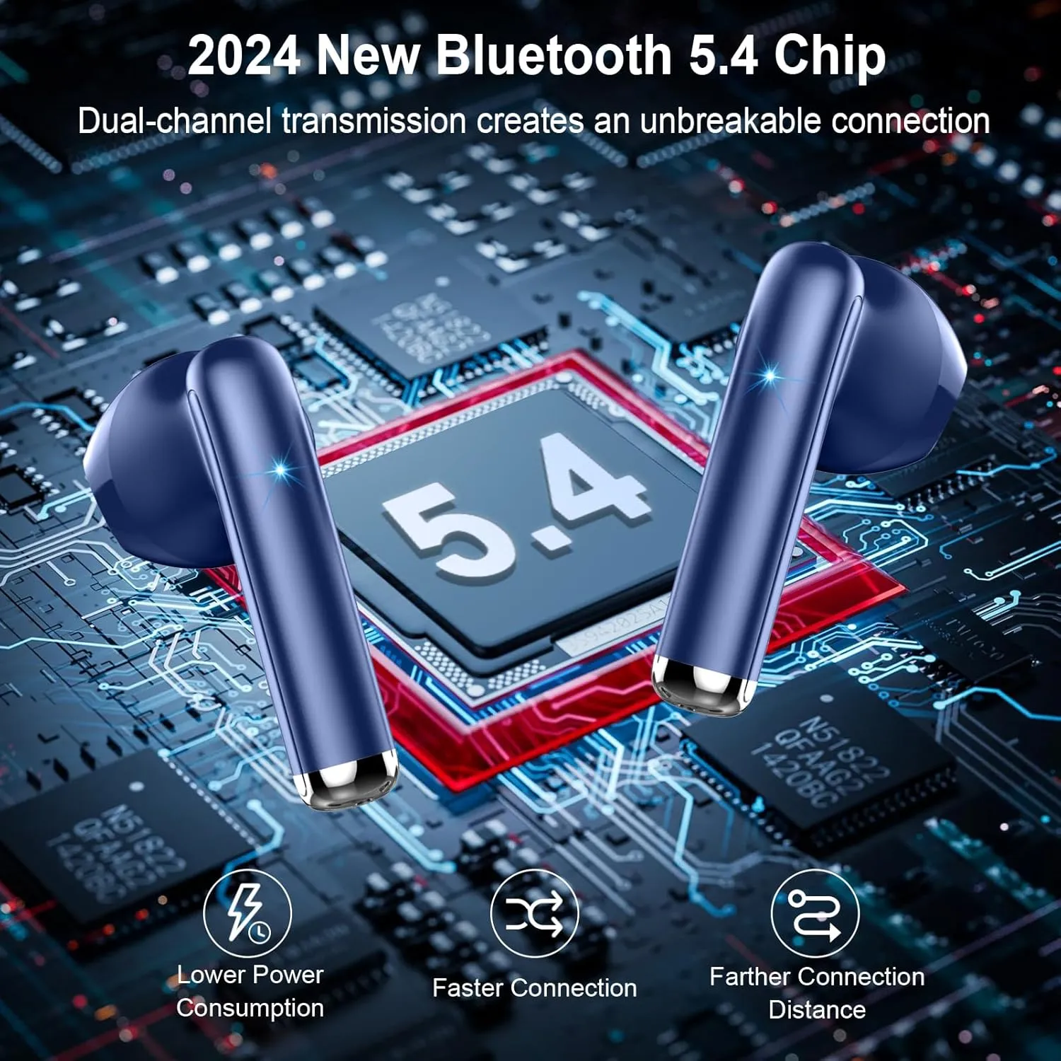 Wireless Earbuds, Bluetooth Headphones 5.4 with ENC Noise Cancelling Mics, 30H Bluetooth Ear Buds 3D Bass with LED Display Charging Case, IP7 Waterproof Wireless Earphones for Android, iOS, Dark Blue