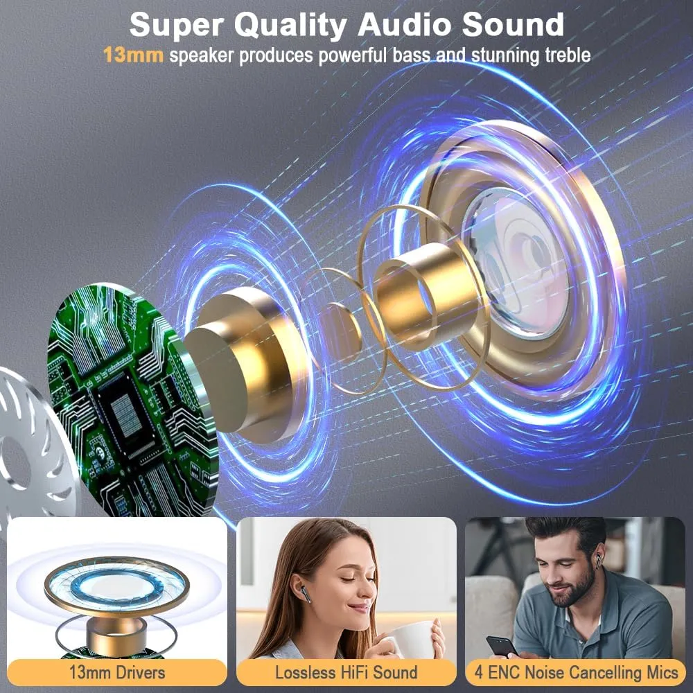 Wireless Earbuds, Bluetooth Headphones V5.4 Stereo Bass Ear Buds with ENC Noise Cancelling Mics,56H Bluetooth Earbuds with LED Display Charging Case, IP7 Waterproof Earphones for Android iOS