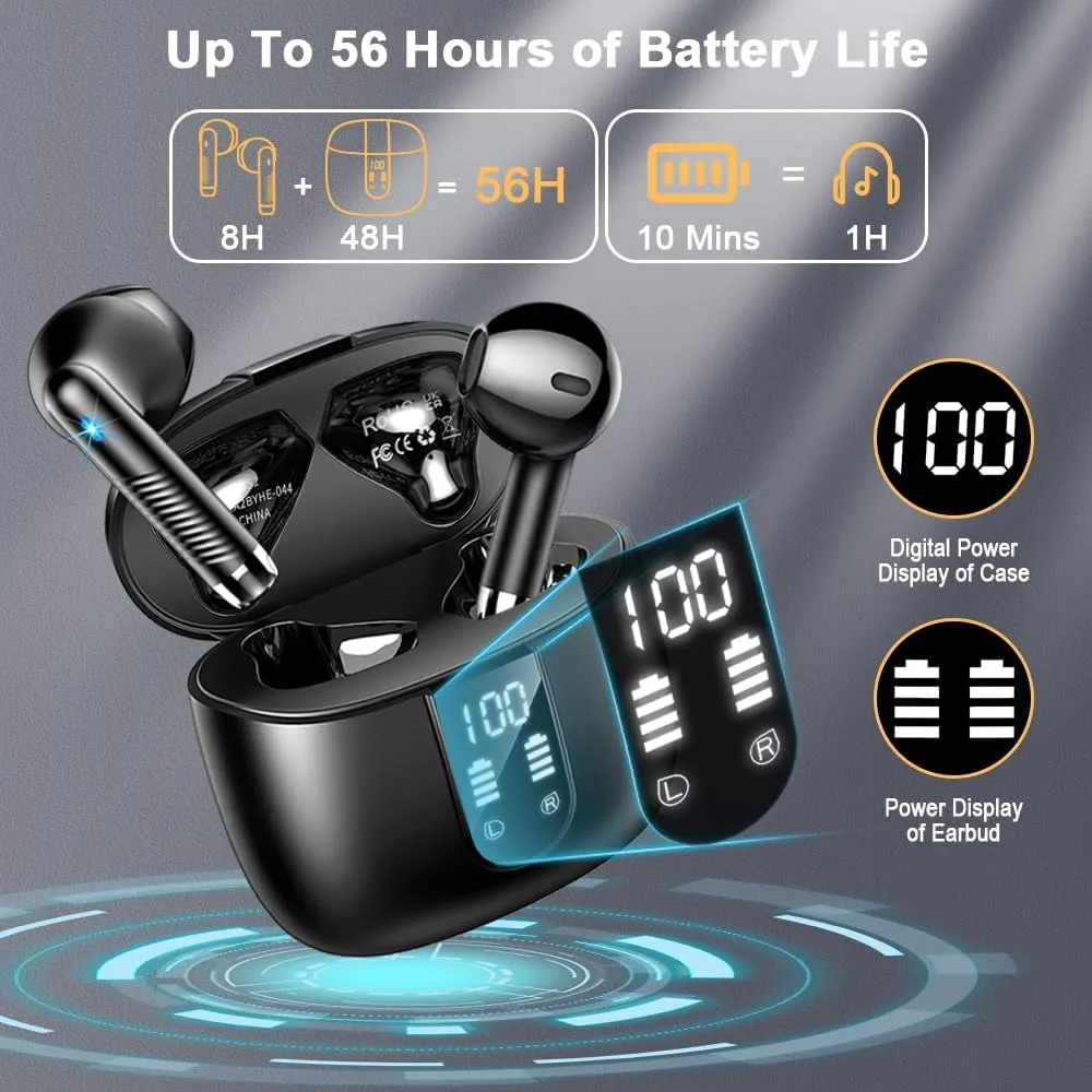 Wireless Earbuds, Bluetooth Headphones V5.4 Stereo Bass Ear Buds with ENC Noise Cancelling Mics,56H Bluetooth Earbuds with LED Display Charging Case, IP7 Waterproof Earphones for Android iOS