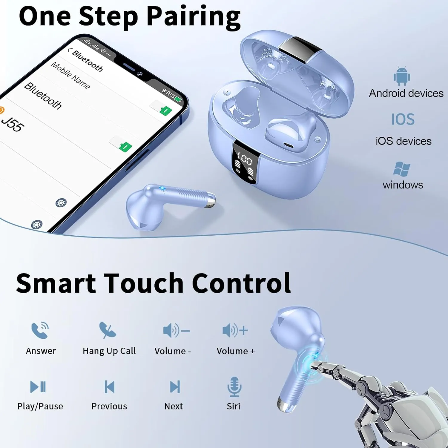 Wireless Earbuds, Bluetooth Headphones V5.4 Stereo Bass Ear Buds with ENC Noise Cancelling Mics,56H Bluetooth Earbuds with LED Display Charging Case, IP7 Waterproof Earphones for Android iOS