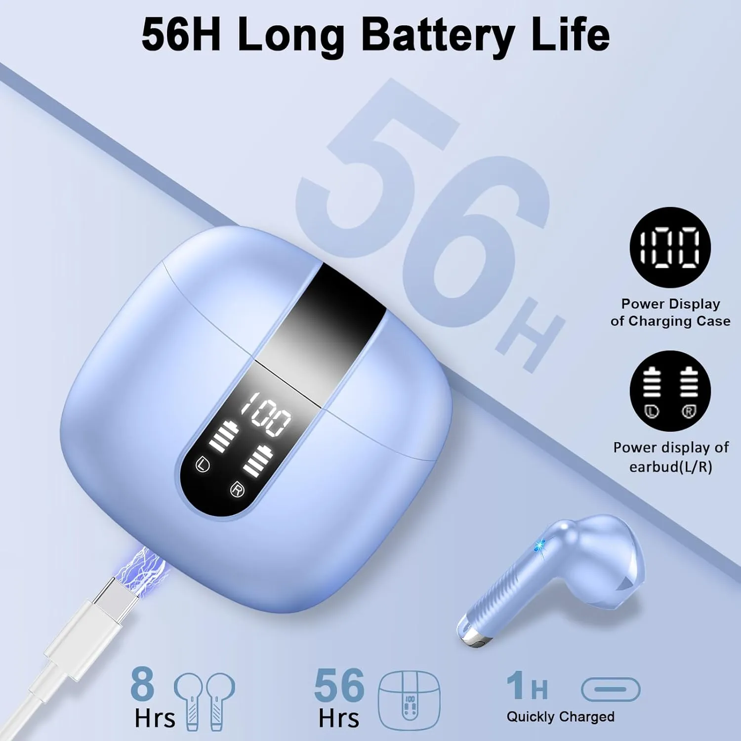 Wireless Earbuds, Bluetooth Headphones V5.4 Stereo Bass Ear Buds with ENC Noise Cancelling Mics,56H Bluetooth Earbuds with LED Display Charging Case, IP7 Waterproof Earphones for Android iOS