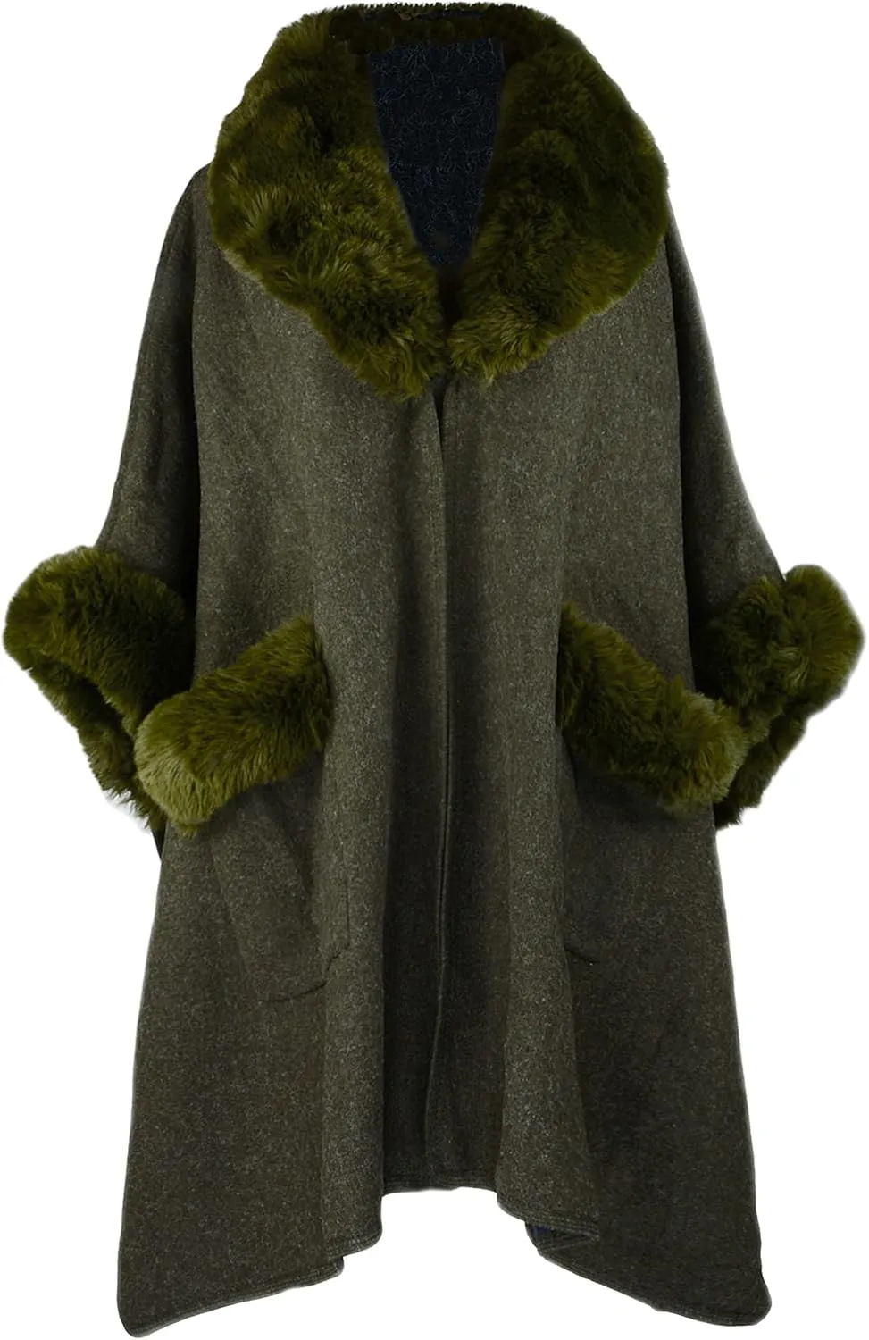 Women Poncho with Pocket Warm Cashmere Cardigan Cape with Rabbit Fur