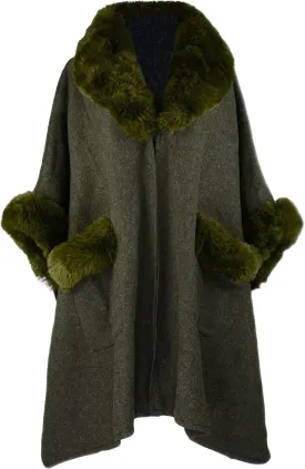 Women Poncho with Pocket Warm Cashmere Cardigan Cape with Rabbit Fur