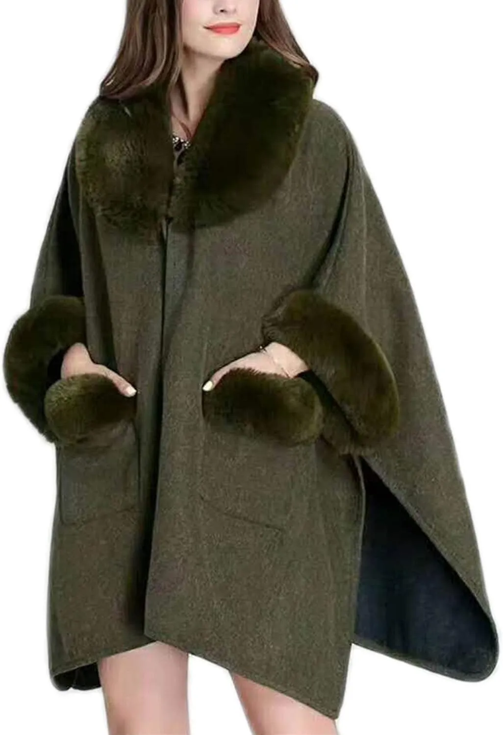 Women Poncho with Pocket Warm Cashmere Cardigan Cape with Rabbit Fur