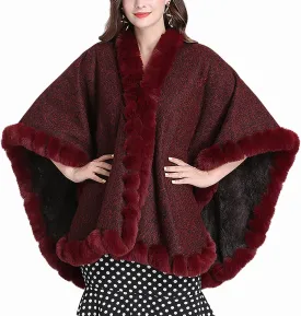 Women's Faux Rabbit Fur Cape Wrap Wool Coat Cardigan Poncho Warm
