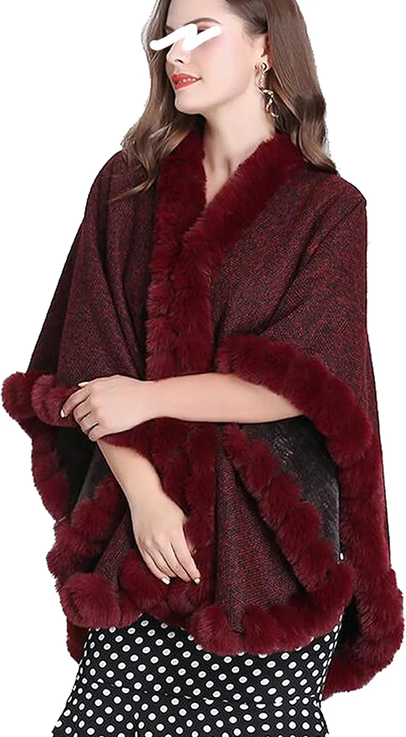 Women's Faux Rabbit Fur Cape Wrap Wool Coat Cardigan Poncho Warm