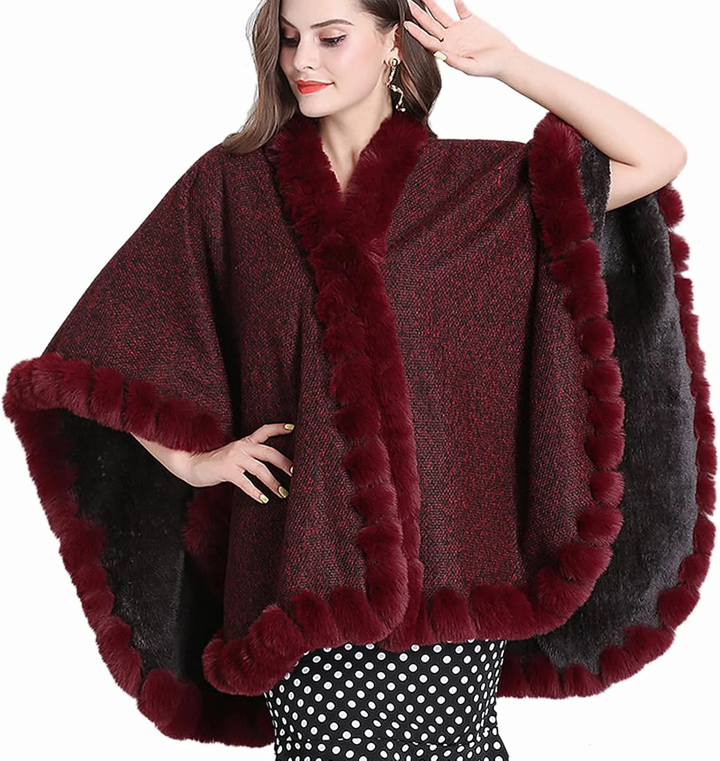 Women's Faux Rabbit Fur Cape Wrap Wool Coat Cardigan Poncho Warm