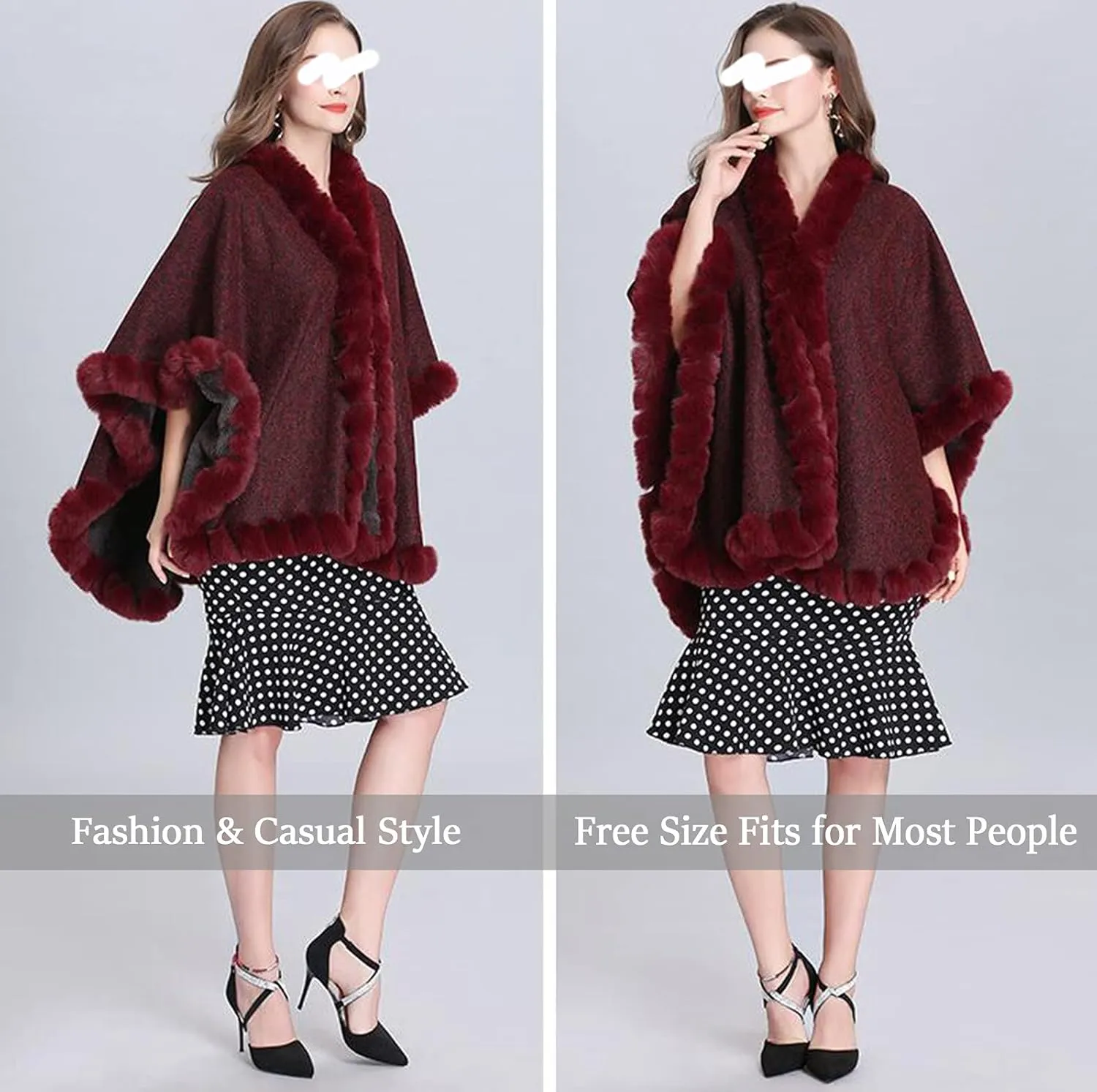 Women's Faux Rabbit Fur Cape Wrap Wool Coat Cardigan Poncho Warm