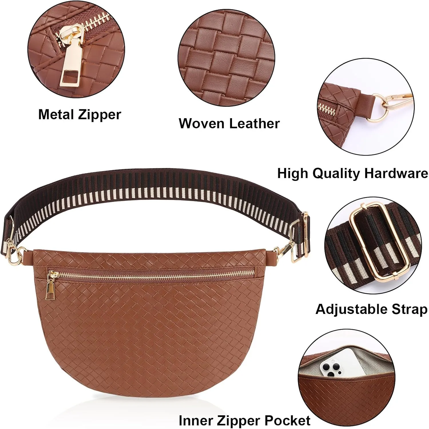 Woven Fanny Packs Sling Bag Leather Bum Belt Crossbody Waist Pack Chest Purse Shoulder Bag for Women