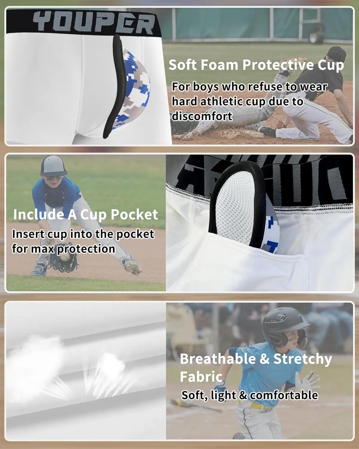 Youper 2 Pack Youth Brief with Soft Protective Athletic Cup, Youth Compression Underwear for Baseball & Football