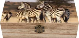 Zebras On South Africa Wooden Storage Box with Hinged Lock, Decorative Handmade Keepsake Jewelry Chest, Elegant Retro Decor Boxes, Compact Organizer Box for Home, Wedding, Gifts