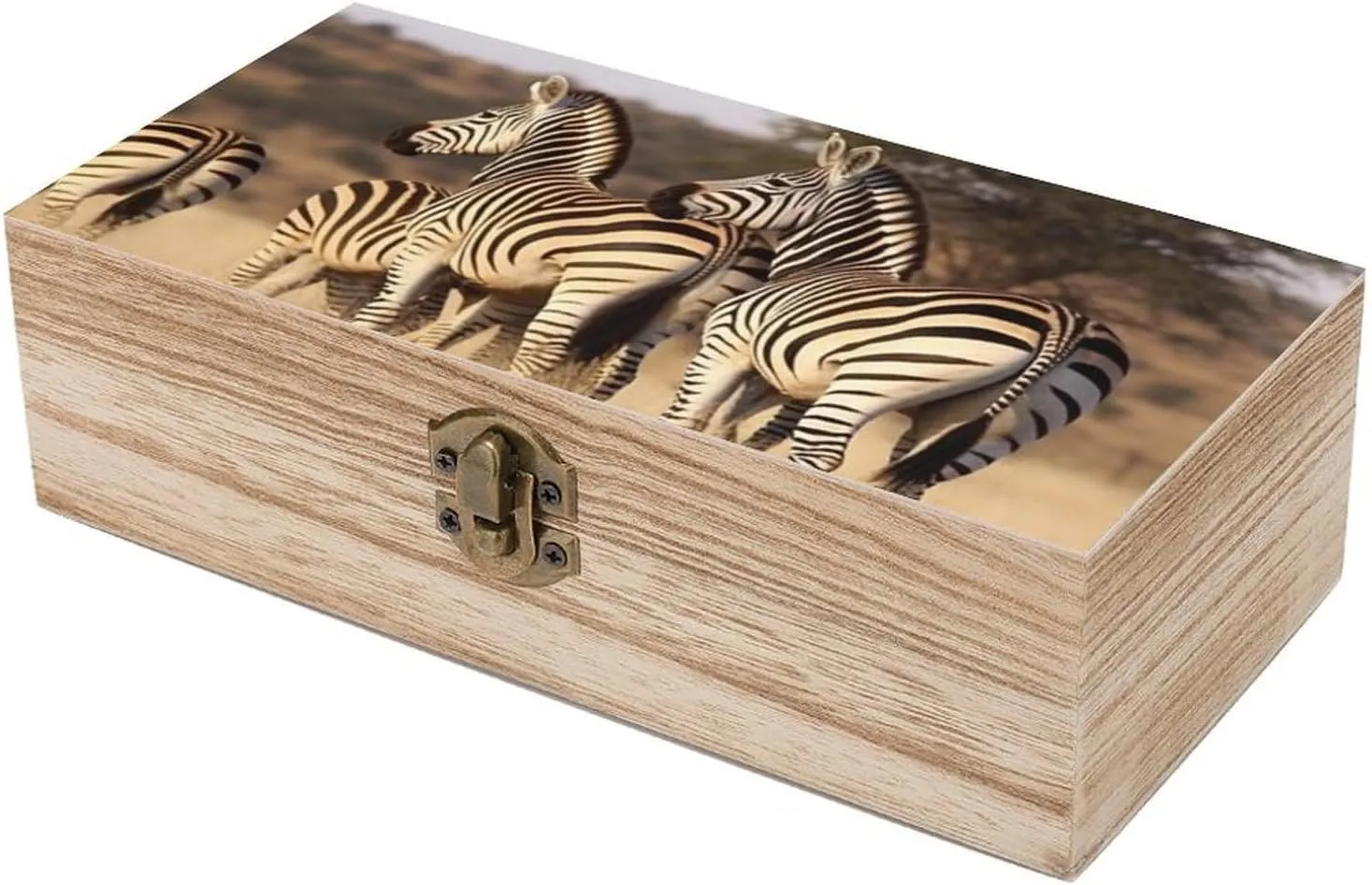 Zebras On South Africa Wooden Storage Box with Hinged Lock, Decorative Handmade Keepsake Jewelry Chest, Elegant Retro Decor Boxes, Compact Organizer Box for Home, Wedding, Gifts