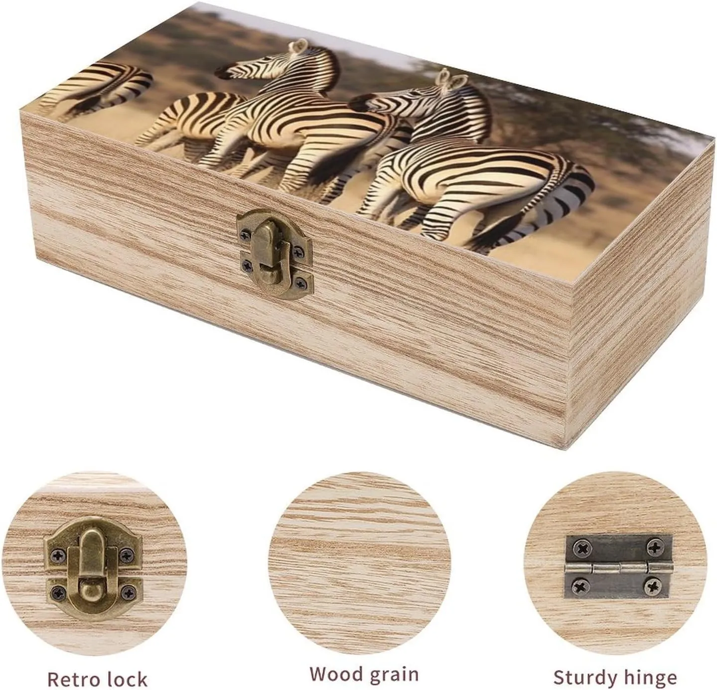 Zebras On South Africa Wooden Storage Box with Hinged Lock, Decorative Handmade Keepsake Jewelry Chest, Elegant Retro Decor Boxes, Compact Organizer Box for Home, Wedding, Gifts
